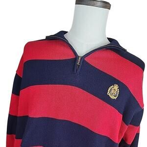 Ralph Lauren sweater mens XL 1/4 zip CREST embroidery navy red stripe